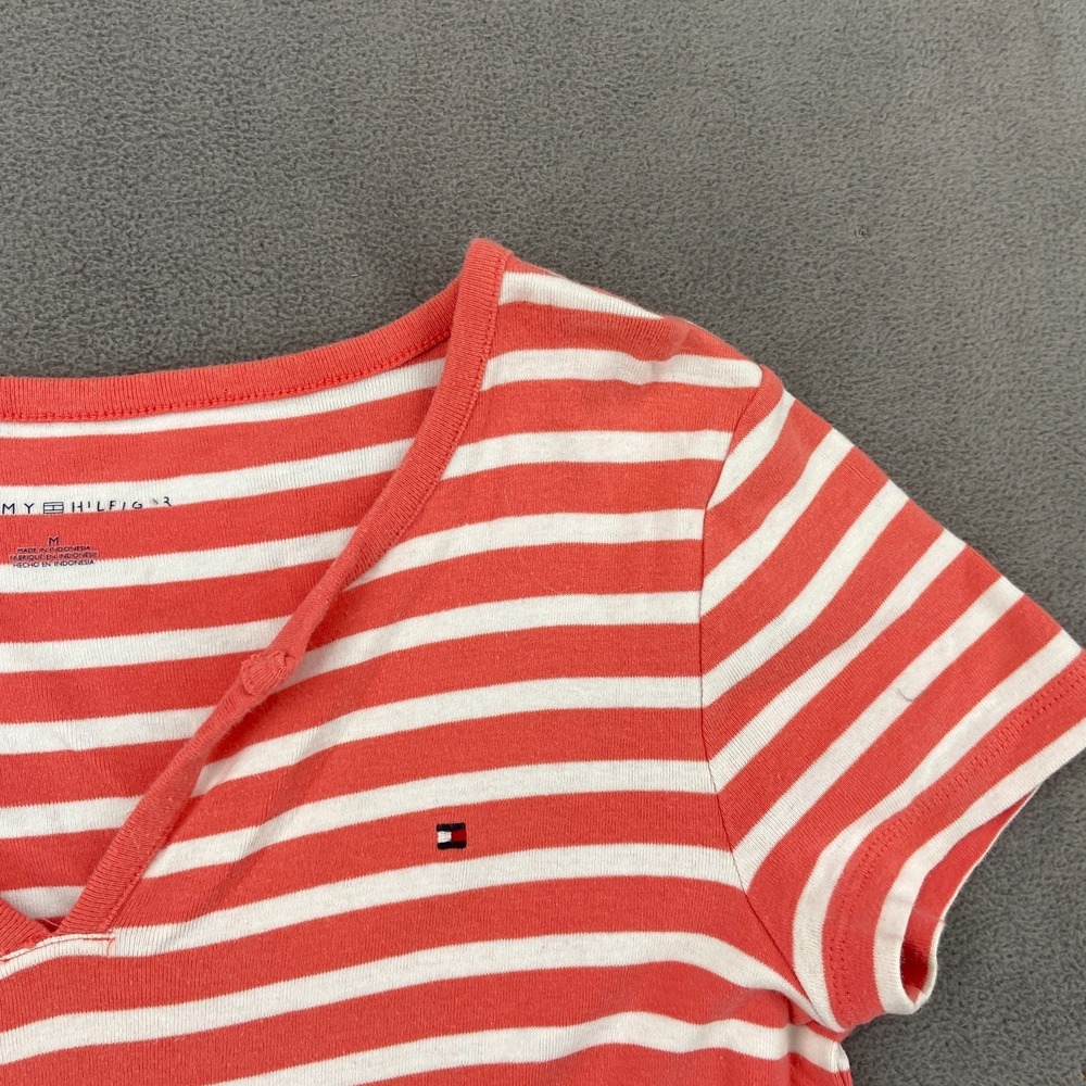 Tommy Hilfiger T Shirt Womens Medium Red White Striped Logo Split Neck Cotton - Picture 5 of 6